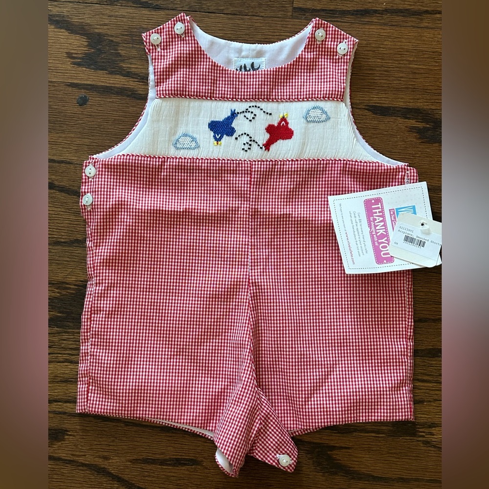 Red Gingham Smocked Airplane Jon Jon/ Romper